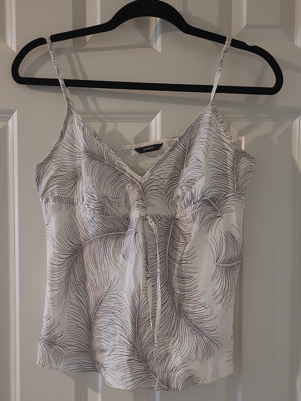 J. Crew White Satin Feather-Print Cami with Black/Brown Detail